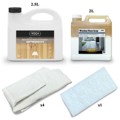 Kit Saving: DC003 (a) Woca Softwood Lye & Faxe white soap, furnishings and other surfaces less than 5m2, Work by hand   (DC)
