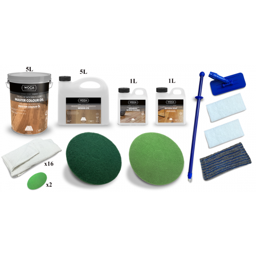 Kit Saving: DC031 (b) Woca Wood Lye white and Woca Master Colour Oil White, floor, 21 to 45m2,  work with a buffing machine  (DC)