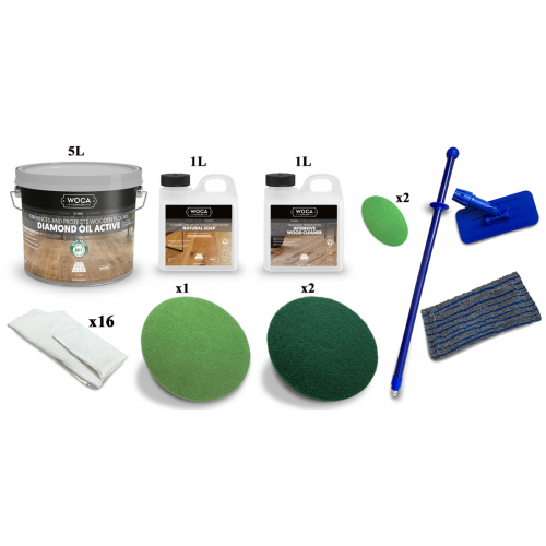 Kit Saving: DC067 (b)  Woca Diamond Oil Active; white or extra white floor oiling, satin, 2 applications 21 to 45m2 work with a buffing machine (DC)