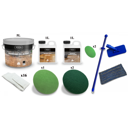 Kit Saving: DC068 (b)  Woca Diamond Oil Active; Colours floor, satin, 2 applications 21 to 45m2 work with a buffing machine (DC)