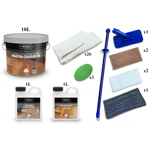 Kit Saving: DC083 (e) Woca Master Colour Oils, floor, Group One (102 brazil, 114 castle grey, 118 extra white) 56 to 75m2 work by hand  (DC)