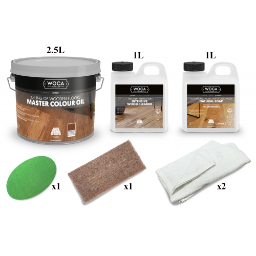 Kit Saving: DC086 (a) Woca Master Colour Oils, floor, Group Two (106 rhode, 119 walnut, 120 black),  Furnishings or other surfaces up to 5m2  (DC)