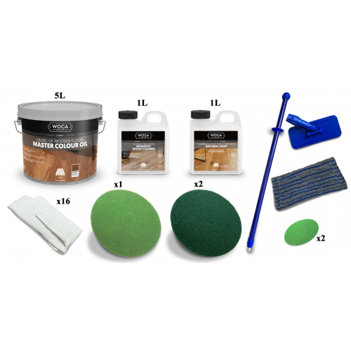 Kit Saving: DC087 (b) Woca Master Colour Oil, floor, Group Two (106 rhode, 119 walnut, 120 black), 21 to 45m2 work with a buffing machine  (DC)