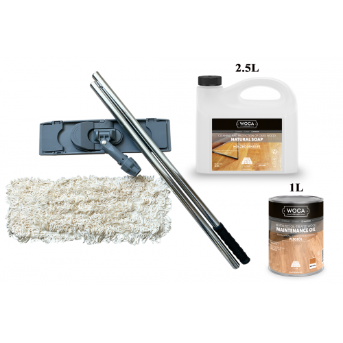 Kit Saving: DC123, Standard clean natural classic oiled floors inc 2.5ltr Woca natural soap, 1ltr Maintenance Oil and a Breakframe Mop  (DC)