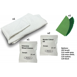 Samples: DC083, DC084, DC086, DC087 Woca Master Colour Oils,, Group One & two (102 brazil, 114 castle grey, 118 extra white, 119 walnut, 120 black) (DC)